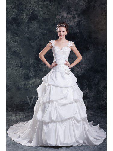 Taffeta Straps Sweep Train A-line Embroidered Wedding Dress