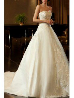 Satin Scoop Chapel Train A-line Wedding Dress with Beading