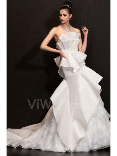 Satin Strapless Chapel Train A-line Wedding Dress