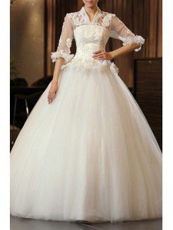 Satin and Tulle V-neck Floor Length Ball Gown Wedding Dress with Handmade Flowers