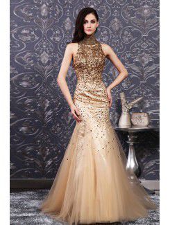 Net High Collar Floor Length Mermaid Wedding Dress with Sequins