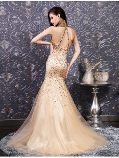 Net High Collar Floor Length Mermaid Wedding Dress with Sequins