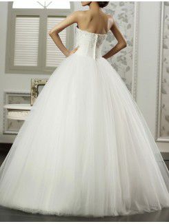 Satin and Tulle Strapless Floor Length Ball Gown Wedding Dress with Beading