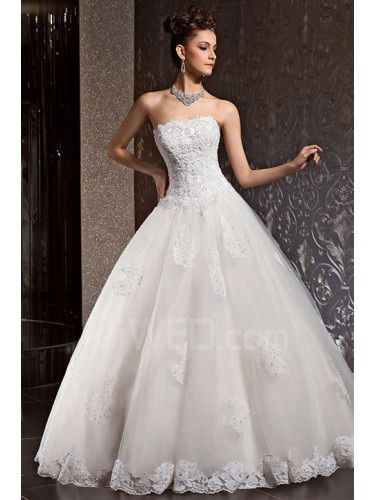 Lace and Net Strapless Floor Length Ball Gown Wedding Dress with Beading