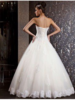 Lace and Net Strapless Floor Length Ball Gown Wedding Dress with Beading