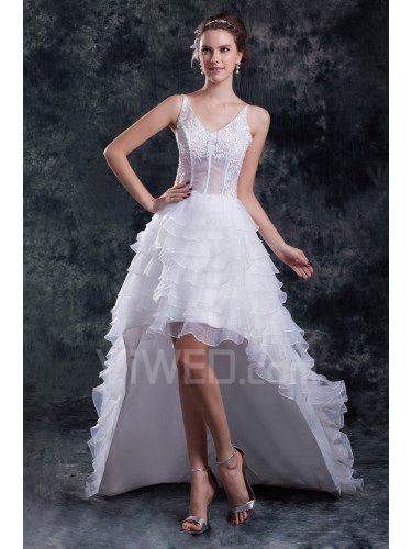 Organza V-Neck Sweep Train A-line Embroidered Wedding Dress