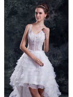 Organza V-Neck Sweep Train A-line Embroidered Wedding Dress