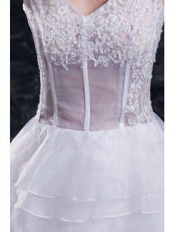 Organza V-Neck Sweep Train A-line Embroidered Wedding Dress