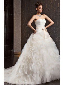 Organza Sweetheart Chapel Train Ball Gown Wedding Dress with Sash