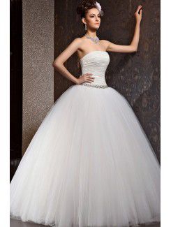 Cetim e tule strapless chão comprimento bola vestido de casamento vestido