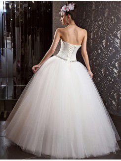 Satin and Tulle Strapless Floor Length Ball Gown Wedding Dress