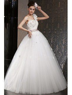 Satin and Tulle One Shoulder Floor Length Ball Gown Wedding Dress