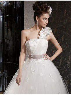 Satin and Tulle One Shoulder Floor Length Ball Gown Wedding Dress