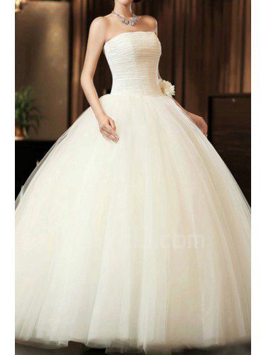 Net Strapless Floor Length Ball Gown Wedding Dress with Handmade Flowers