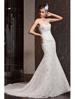 Pizzo sweetheart cappella treno abito da sposa sirena con bordatura