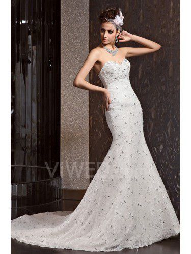 Lace Sweetheart Chapel Train Mermaid Wedding Dress with Beading