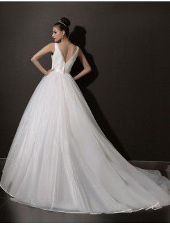 Organza V-neck Chapel Train Ball Gown Wedding Dress with Crystal