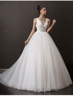 Organza V-neck Chapel Train Ball Gown Wedding Dress with Crystal