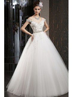 Satin and Tulle Off-the-Shoulder Floor Length Ball Gown Wedding Dress with Crystal