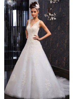 Lace V-neck Chapel Train A-line Wedding Dress with Beading