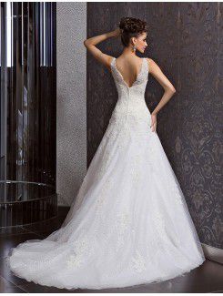 Lace V-neck Chapel Train A-line Wedding Dress with Beading