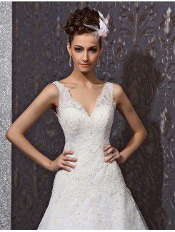 Lace V-neck Chapel Train A-line Wedding Dress with Beading