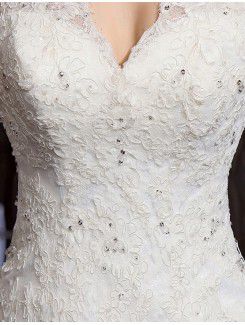 Lace V-neck Chapel Train A-line Wedding Dress with Beading