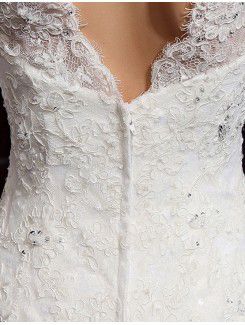 Lace V-neck Chapel Train A-line Wedding Dress with Beading