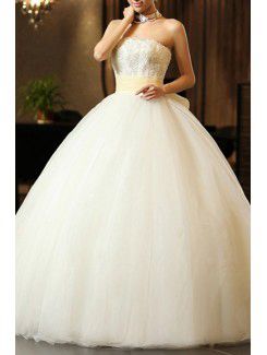 Organza Strapless Floor Length Ball Gown Wedding Dress with Beading