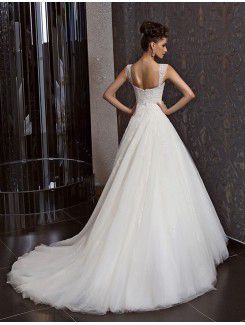 Lace Straps Chapel Train Ball Gown Wedding Dress with Beading