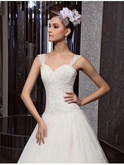 Lace Straps Chapel Train Ball Gown Wedding Dress with Beading