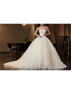 Satin Strapless Chapel Train Ball Gown Wedding Dress with Embroidered