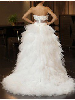 Satin Strapless Sweep Train Ball Gown Wedding Dress with Handmade Flowers