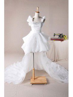 Organza Straps Chapel Train Ball Gown Wedding Dress with Handmade Flowers