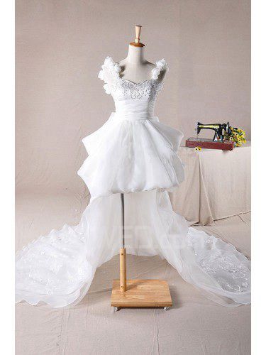 Organza Straps Chapel Train Ball Gown Wedding Dress with Handmade Flowers