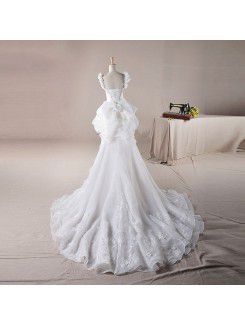 Organza Straps Chapel Train Ball Gown Wedding Dress with Handmade Flowers