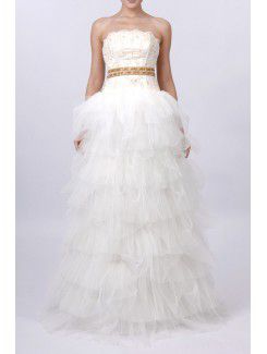 Organza Strapless Chapel Train Ball Gown Wedding Dress with Handmade Flowers