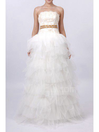 Organza Strapless Chapel Train Ball Gown Wedding Dress with Handmade Flowers