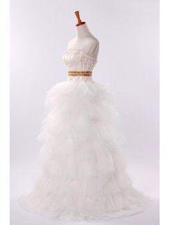 Organza Strapless Chapel Train Ball Gown Wedding Dress with Handmade Flowers