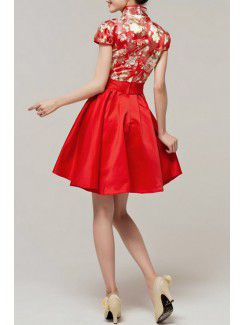 Satin High Collar Short A-line Evening Dress with Embroidered