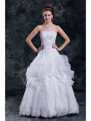 Organza strapless vloer lengte a-lijn geborduurde trouwjurk