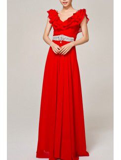 Chiffon V-neck Floor Length Empire Evening Dress with Crystal