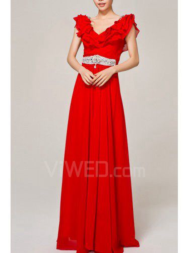 Chiffon V-neck Floor Length Empire Evening Dress with Crystal