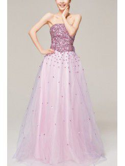 Satin Strapless Floor Length A-line Evening Dress with Sequins