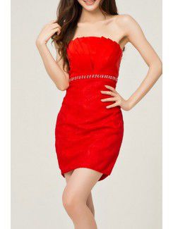 Satin Strapless Short Sheath Evening Dress with Beading