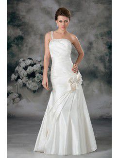 Satin Strapless Floor Length Sheath Hand-made Flowers Wedding Dress