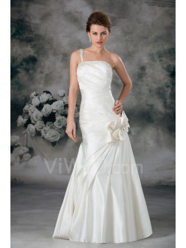 Satin Strapless Floor Length Sheath Hand-made Flowers Wedding Dress