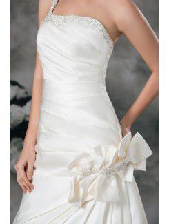 Satin Strapless Floor Length Sheath Hand-made Flowers Wedding Dress