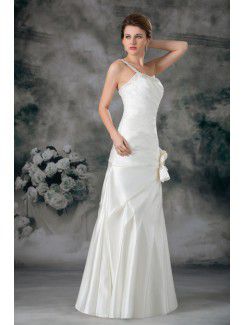 Satin Strapless Floor Length Sheath Hand-made Flowers Wedding Dress