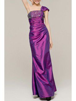 Satin One Shoulder Floor Length Sheath Evening Dress with Sequins